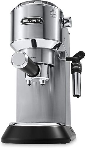 Delonghi Dedica Coffee Machine, Barista Pump Espresso and Cappuccino Maker, Ground Coffee and ESE Pods can be used, Milk Frother for Latte Macchiato and more, EC685.M, Metallic,