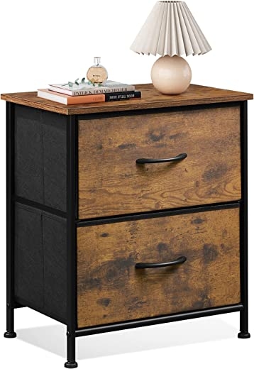 WLIVE Nightstand with 2 Fabric Drawers，Bedside Furniture & End Table Dresser for Bedroom, Living Room, Steel Frame, Wood Top, Easy Pull Handle, Rustic Brown
